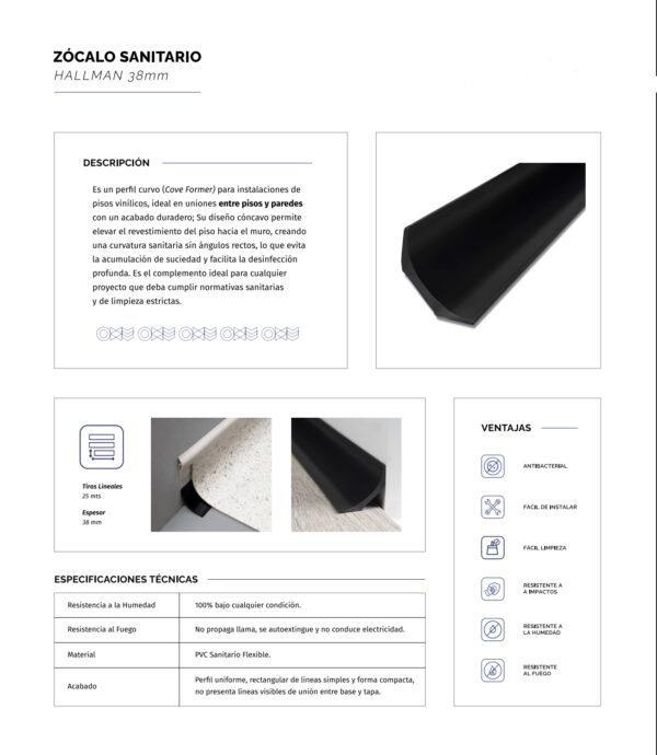 Zócalo sanitario para piso vinilico en rollo